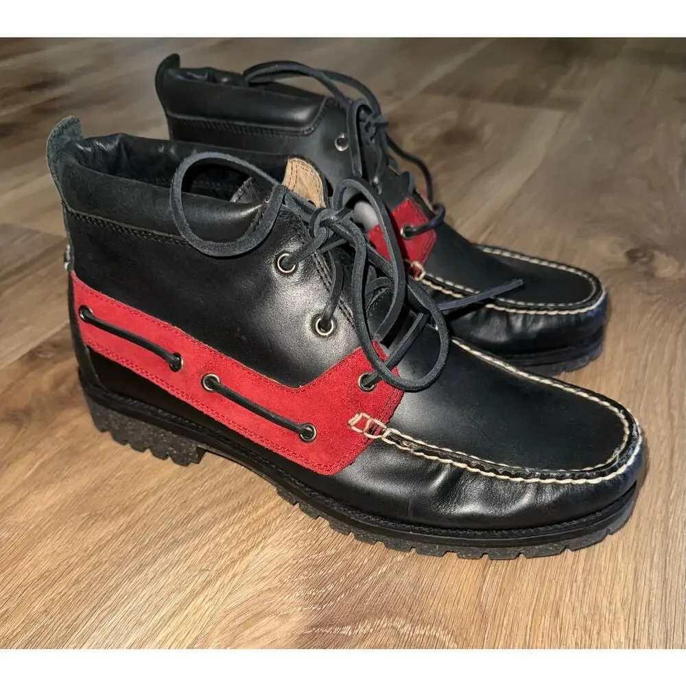Polo Ralph Lauren Ridgemoor Black/Red Leather Moc Toe Ankle Boots - size 9 - L23